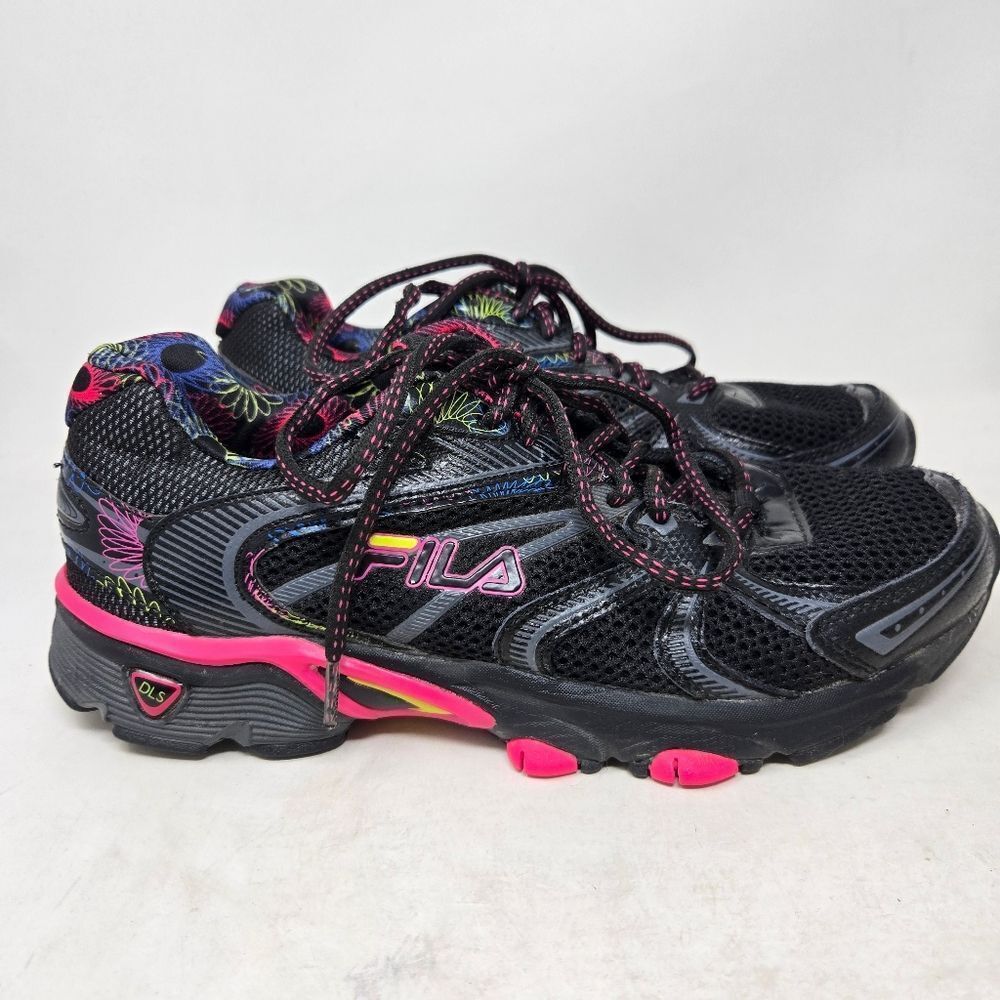 FILA Womens Sneakers Size 8.5 Black Pink Flower Memory Foam Running Shoes